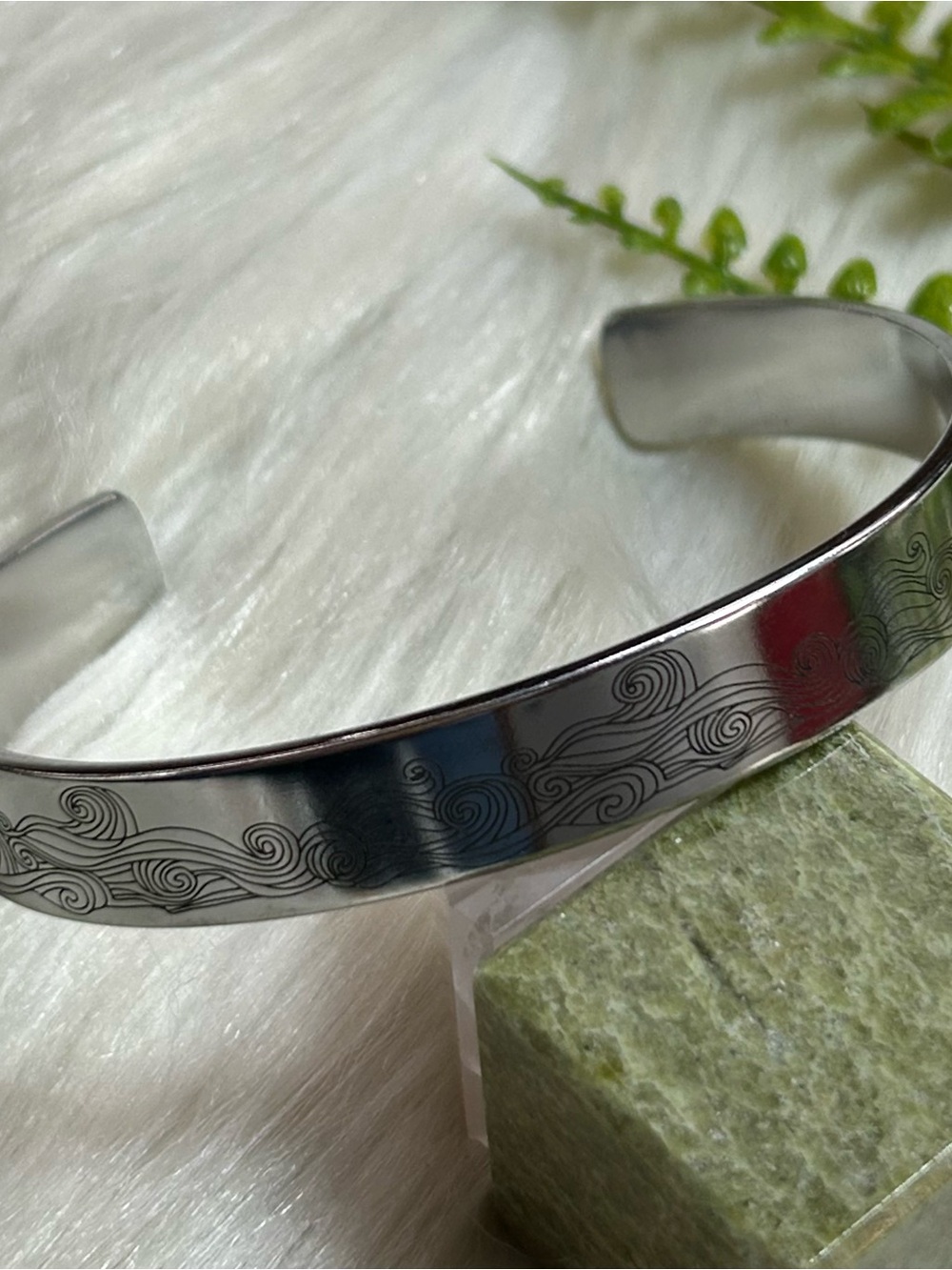Stainless Steel Wave-Engraved Cuff Bracelet